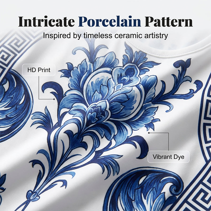 🏺 Robe longue fluide – Imprimé porcelaine bleue & blanc revisité, coupe classique intemporelle✨