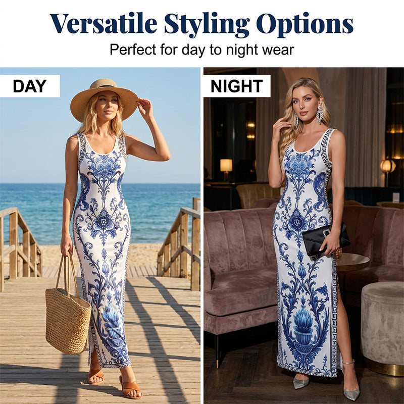🏺 Robe longue fluide – Imprimé porcelaine bleue & blanc revisité, coupe classique intemporelle✨