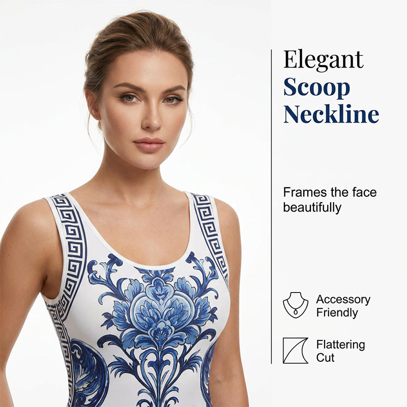 🏺 Robe longue fluide – Imprimé porcelaine bleue & blanc revisité, coupe classique intemporelle✨