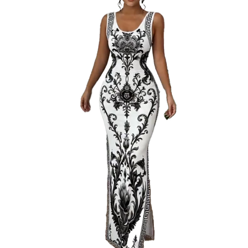 🏺 Robe longue fluide – Imprimé porcelaine bleue & blanc revisité, coupe classique intemporelle✨