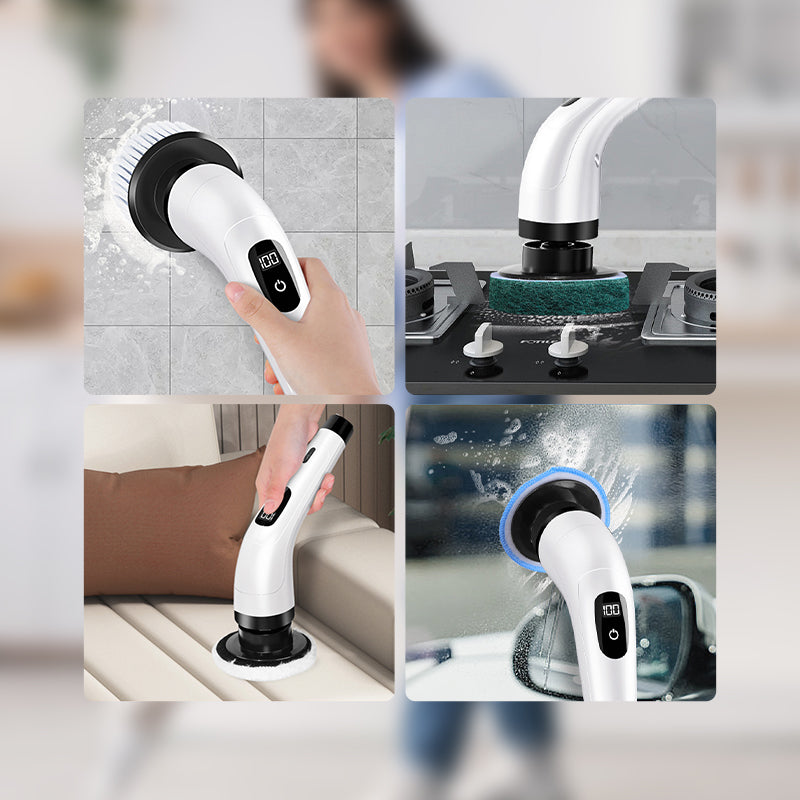 ⚡🛁 Brosse électrique télescopique sans fil – 8 embouts, autonomie longue, atteint plafonds et recoins, pour briller partout 🏡✨