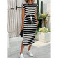Women's Striped Drawstring Waist Split Midi Dress