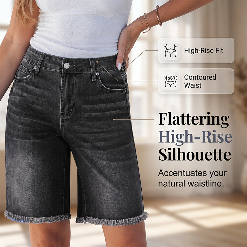 🩳🌸 OFFRE LIMITÉE -50% | Short en Jean Taille Haute Femme – Denim Stretch Confort, Coupe Flatteuse & Franges Bohèmes ✨