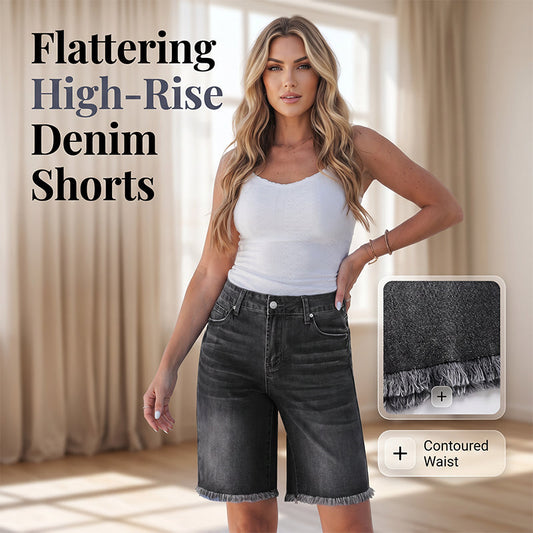 🩳🌸 OFFRE LIMITÉE -50% | Short en Jean Taille Haute Femme – Denim Stretch Confort, Coupe Flatteuse & Franges Bohèmes ✨