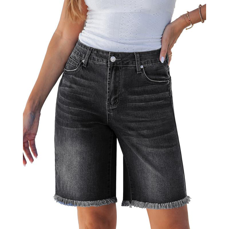 🩳🌸 OFFRE LIMITÉE -50% | Short en Jean Taille Haute Femme – Denim Stretch Confort, Coupe Flatteuse & Franges Bohèmes ✨