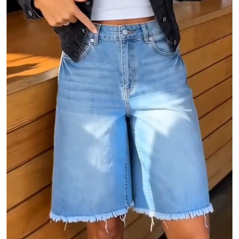 🩳🌸 OFFRE LIMITÉE -50% | Short en Jean Taille Haute Femme – Denim Stretch Confort, Coupe Flatteuse & Franges Bohèmes ✨