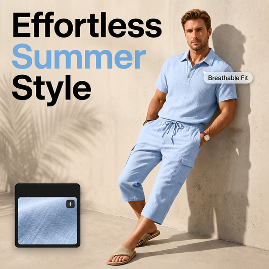 👔 PROMO EXCEPTIONNELLE 50% DE RÉDUCTION ! ☀️ Ensemble Lin Homme Été – Chemise Ample & Short Cargo – Respirant & Élégant – Parfait pour les Journées Chaudes et les Sorties Décontractées 🌊✨🩳