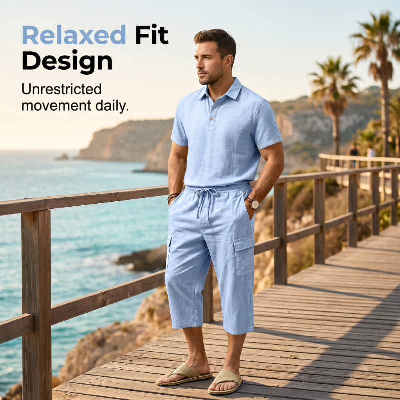 👔 PROMO EXCEPTIONNELLE 50% DE RÉDUCTION ! ☀️ Ensemble Lin Homme Été – Chemise Ample & Short Cargo – Respirant & Élégant – Parfait pour les Journées Chaudes et les Sorties Décontractées 🌊✨🩳
