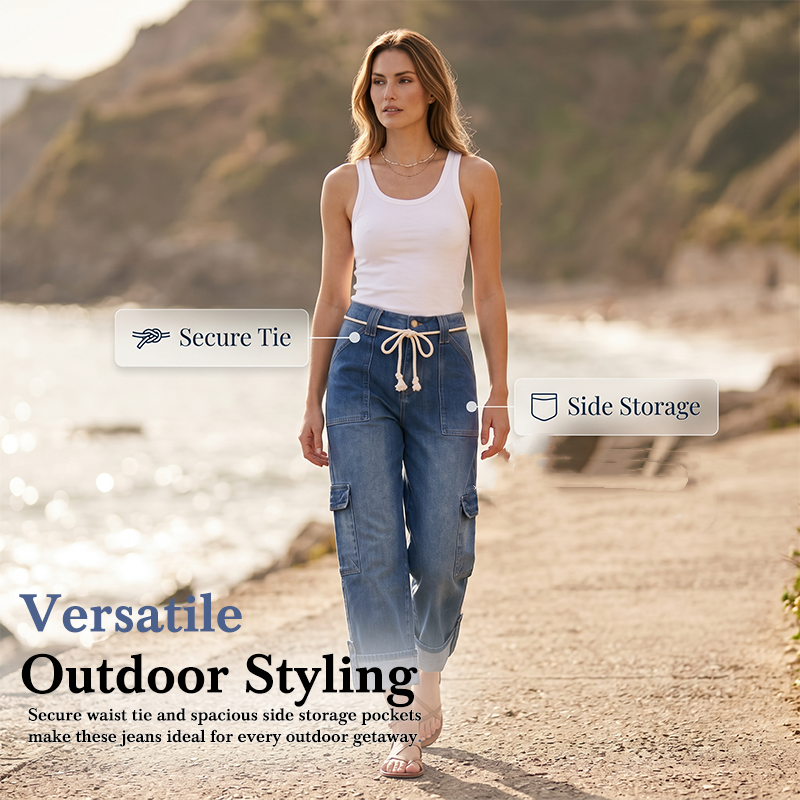👖 50% DE RÉDUCTION 🌿 Pantalon cargo large – Taille cordon, grandes poches & coupe relax – Idéal pour le quotidien, les voyages ou les sorties – bleu, tailles S à 3XL ✨💙👖