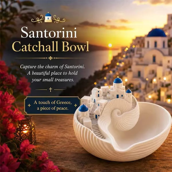 🏺 50% DE RÉDUCTION! 🌊 Bol Santorin en céramique émaillée – Vagues bleues, village miniature & déco élégante – Parfait pour une touche méditerranéenne dans votre intérieur ✨