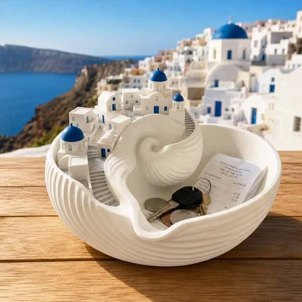 🏺 50% DE RÉDUCTION! 🌊 Bol Santorin en céramique émaillée – Vagues bleues, village miniature & déco élégante – Parfait pour une touche méditerranéenne dans votre intérieur ✨