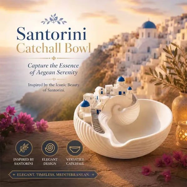 🏺 50% DE RÉDUCTION! 🌊 Bol Santorin en céramique émaillée – Vagues bleues, village miniature & déco élégante – Parfait pour une touche méditerranéenne dans votre intérieur ✨