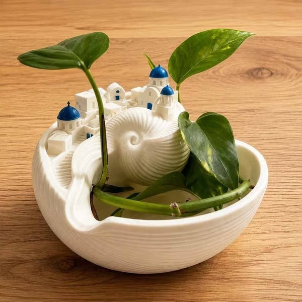 🏺 50% DE RÉDUCTION! 🌊 Bol Santorin en céramique émaillée – Vagues bleues, village miniature & déco élégante – Parfait pour une touche méditerranéenne dans votre intérieur ✨