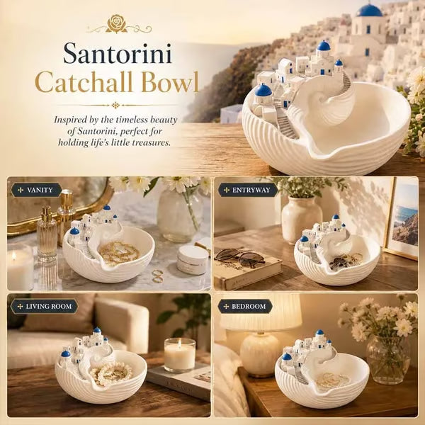 🏺 50% DE RÉDUCTION! 🌊 Bol Santorin en céramique émaillée – Vagues bleues, village miniature & déco élégante – Parfait pour une touche méditerranéenne dans votre intérieur ✨