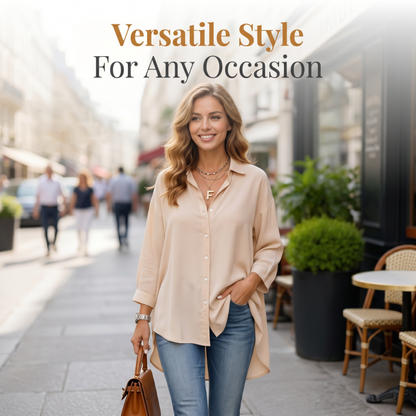 Women Casual Loose Button Down Apricot Shirt Long Sleeve Collar Blouse