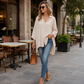 Women Casual Loose Button Down Apricot Shirt Long Sleeve Collar Blouse