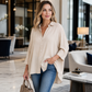 Women Casual Loose Button Down Apricot Shirt Long Sleeve Collar Blouse