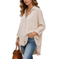 Women Casual Loose Button Down Apricot Shirt Long Sleeve Collar Blouse