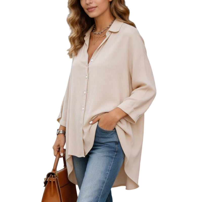 Women Casual Loose Button Down Apricot Shirt Long Sleeve Collar Blouse