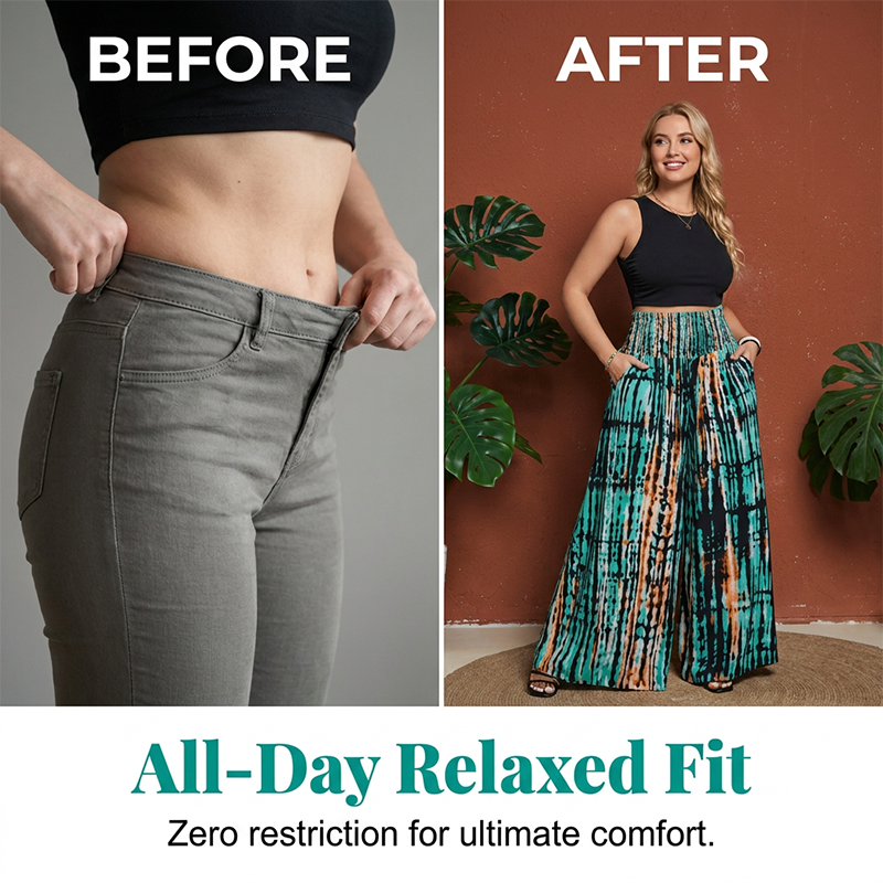 👖 50% DE RÉDUCTION! 🌸 Pantalon taille haute smockée – Coupe large & fluide, silhouette élégante – Parfait pour un look effortless au quotidien ☀️