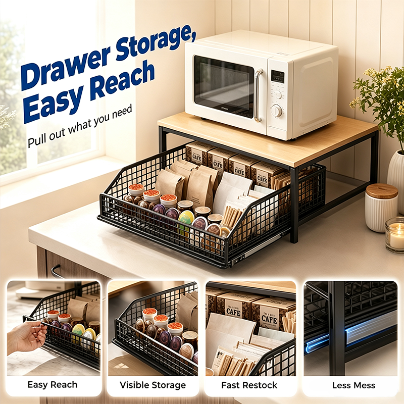 📢📢40% DE RÉDUCTION !! ⏰  Support Micro-Ondes 2 niveaux avec tiroir coulissant – Gain de place, étagère surélevée & panier intégré – Idéal pour cuisine, café & dortoir ✨