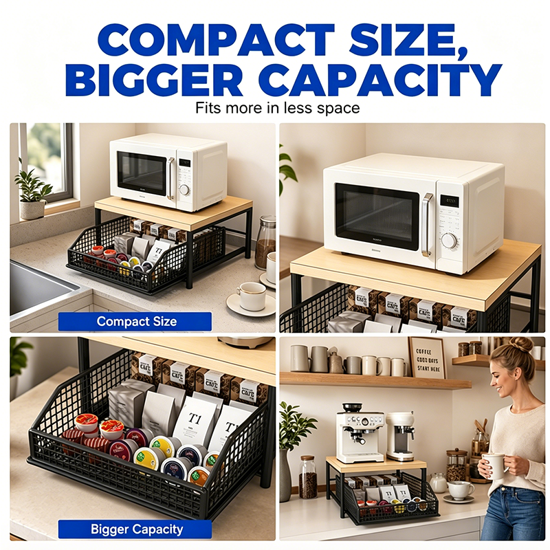 📢📢40% DE RÉDUCTION !! ⏰  Support Micro-Ondes 2 niveaux avec tiroir coulissant – Gain de place, étagère surélevée & panier intégré – Idéal pour cuisine, café & dortoir ✨