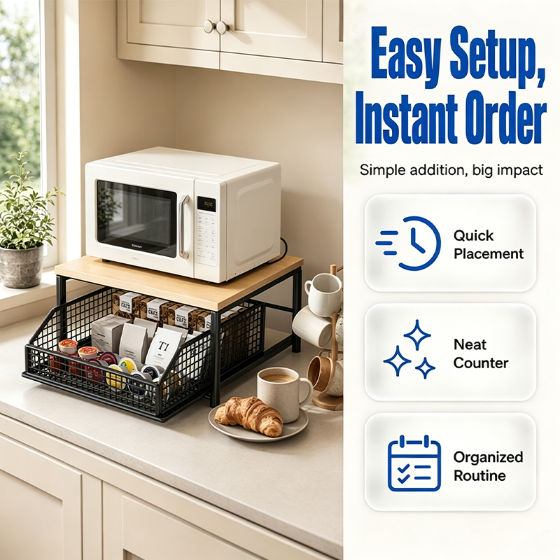 📢📢40% DE RÉDUCTION !! ⏰  Support Micro-Ondes 2 niveaux avec tiroir coulissant – Gain de place, étagère surélevée & panier intégré – Idéal pour cuisine, café & dortoir ✨