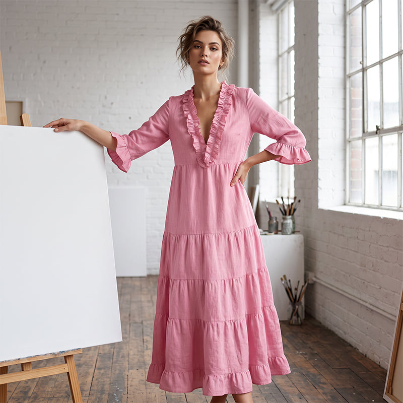 🔥 50% DE RÉDUCTION ! 👗 Robe Maxi Étagée à Col V Volantée pour Femme – Tissu Léger Premium, Coupe Aérienne & Style Polyvalent – Idéale pour l’Été, la Plage et les Soirées – 5 Coloris, Tailles S à 2XL 🌸✨