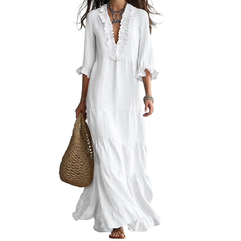 🔥 50% DE RÉDUCTION ! 👗 Robe Maxi Étagée à Col V Volantée pour Femme – Tissu Léger Premium, Coupe Aérienne & Style Polyvalent – Idéale pour l’Été, la Plage et les Soirées – 5 Coloris, Tailles S à 2XL 🌸✨