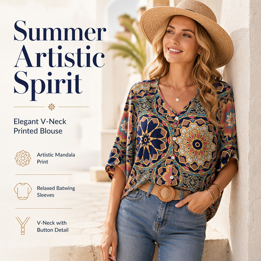 ⏰Blouse Femme Col V Imprimé Bohème Été Coupe Ample