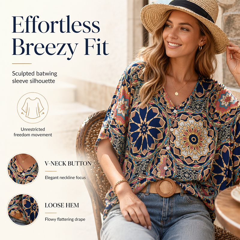 ⏰Blouse Femme Col V Imprimé Bohème Été Coupe Ample