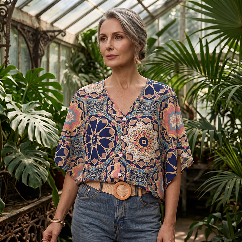 ⏰Blouse Femme Col V Imprimé Bohème Été Coupe Ample