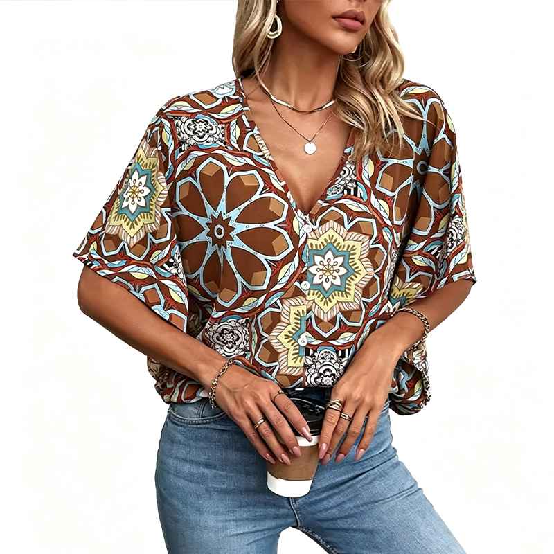 ⏰Blouse Femme Col V Imprimé Bohème Été Coupe Ample