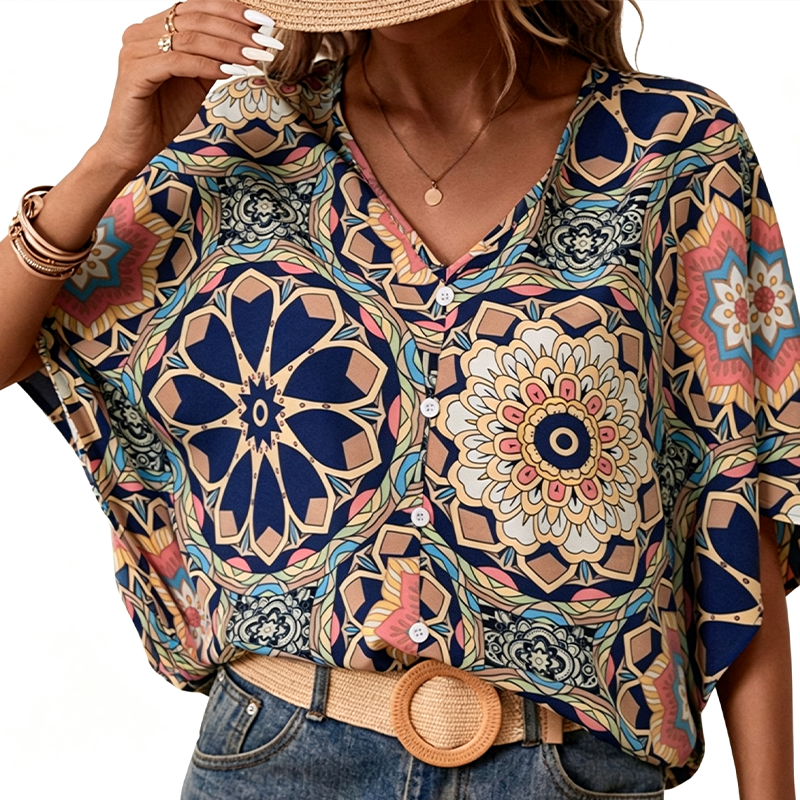 ⏰Blouse Femme Col V Imprimé Bohème Été Coupe Ample
