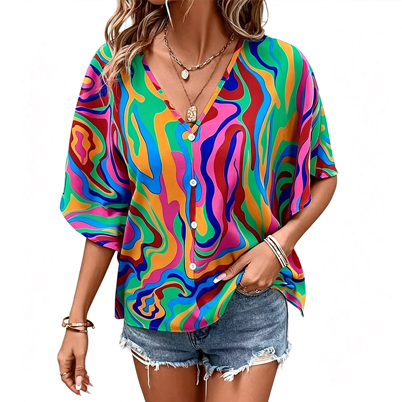 ⏰Blouse Femme Col V Imprimé Bohème Été Coupe Ample