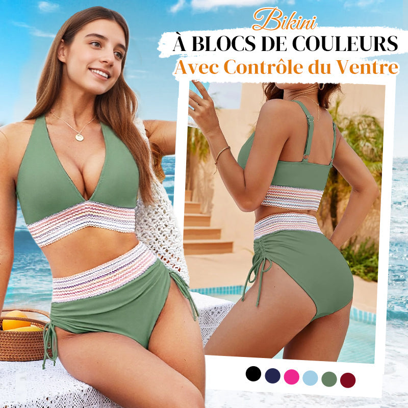 🌺Promotion 49% de réduction 👙Ensembles de bikinis à taille haute avec contrôle de l'abdomen et blocs de couleurs