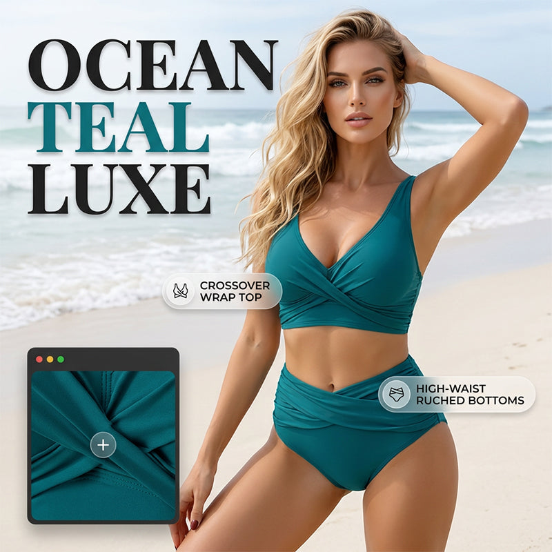 Ensemble bikini froncé taille haute pour femme