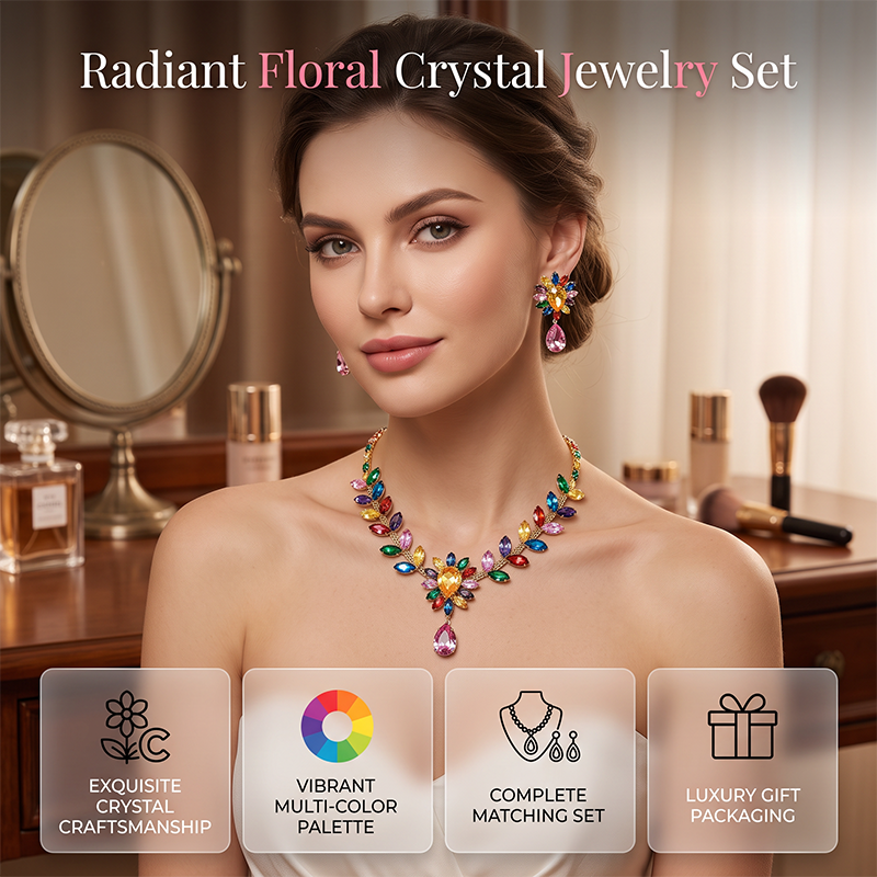 🌈 50% DE RÉDUCTION ! 📿 Ensemble Collier Floral Cristallin – Alliage – Cristaux Micro-Pavés & Couleurs Vives for Femme