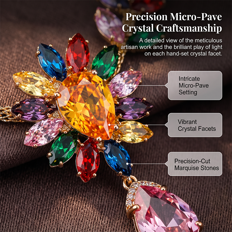 🌈 50% DE RÉDUCTION ! 📿 Ensemble Collier Floral Cristallin – Alliage – Cristaux Micro-Pavés & Couleurs Vives for Femme