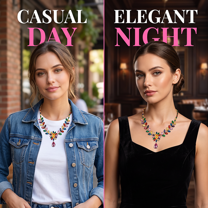 🌈 50% DE RÉDUCTION ! 📿 Ensemble Collier Floral Cristallin – Alliage – Cristaux Micro-Pavés & Couleurs Vives for Femme