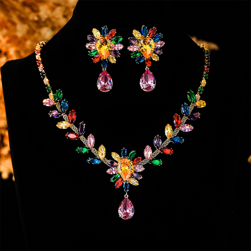 🌈 50% DE RÉDUCTION ! 📿 Ensemble Collier Floral Cristallin – Alliage – Cristaux Micro-Pavés & Couleurs Vives for Femme