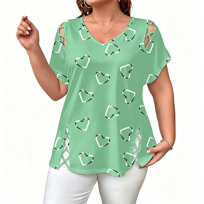 🌿 50 % DE RÉDUCTION MAINTENANT ! 💞 T-shirt Imprimé Cœur Taille Plus – Coupe Étudiée pour Sublimer les Silhouettes Pulpeuses 💃