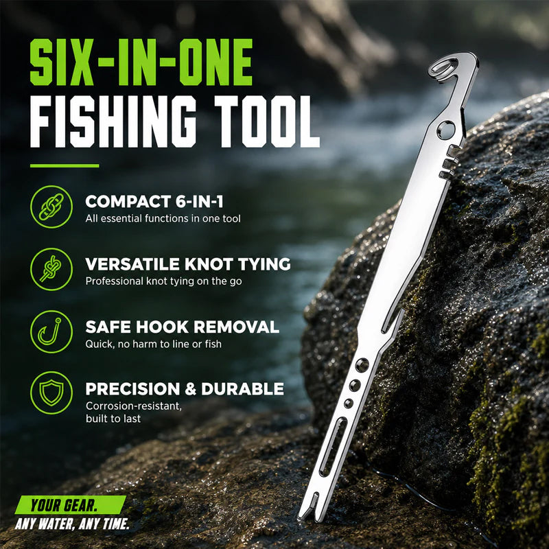 🎣🔥 -50% Outil pêche 6-en-1 compact robuste, décrocheur et noueur polyvalent pour toutes vos sorties en mer ✨