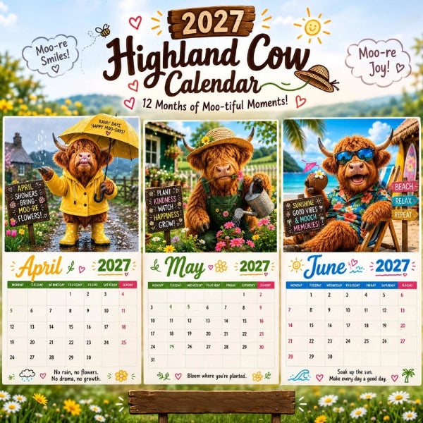 🐮Que mai 2027 vous apporte une chance incroyable ! 🔥Calendrier mural humoristique « Highland Cow » 2027 | Calendrier mural au format A4 |