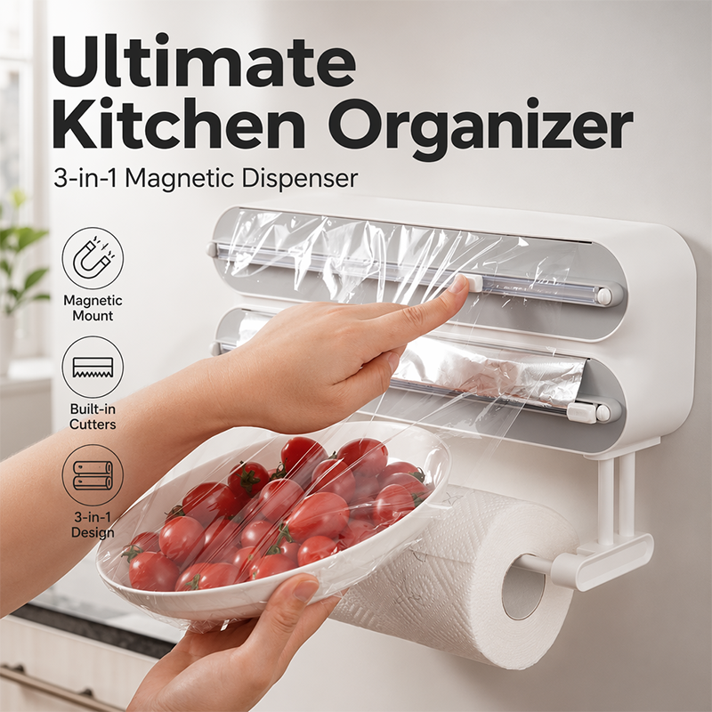 🔪 50% DE RÉDUCTION ! 🧲 Dérouleur Film Alimentaire Magnétique 2-en-1 – ABS & Aluminium – Support Essuie-Tout for Cuisine