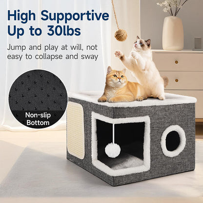 📢📢50% DE RÉDUCTION !! ⏰ Maison Cube Pliable 2-en-1 pour Chat – Design Bi-Niveau & Griffoir Intégré – Confort Toutes Saisons – Gain de Place & Portable 🐾
