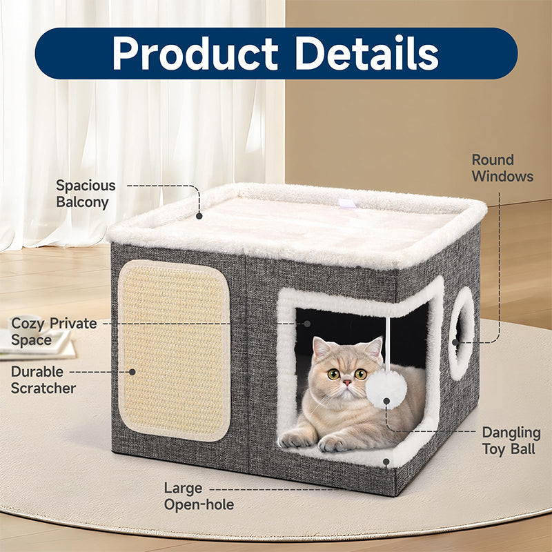 📢📢50% DE RÉDUCTION !! ⏰ Maison Cube Pliable 2-en-1 pour Chat – Design Bi-Niveau & Griffoir Intégré – Confort Toutes Saisons – Gain de Place & Portable 🐾