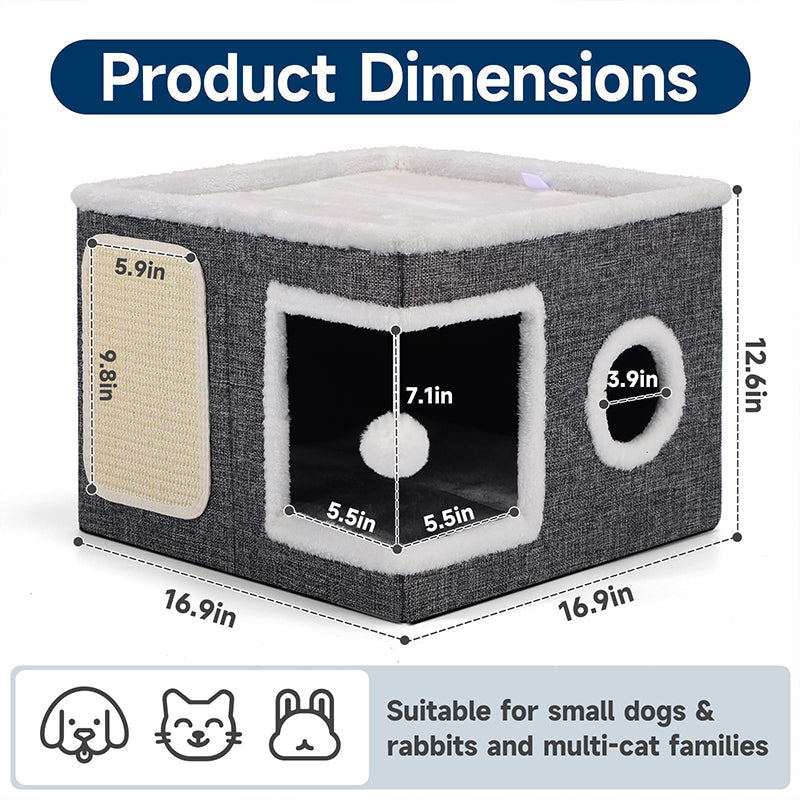 📢📢50% DE RÉDUCTION !! ⏰ Maison Cube Pliable 2-en-1 pour Chat – Design Bi-Niveau & Griffoir Intégré – Confort Toutes Saisons – Gain de Place & Portable 🐾