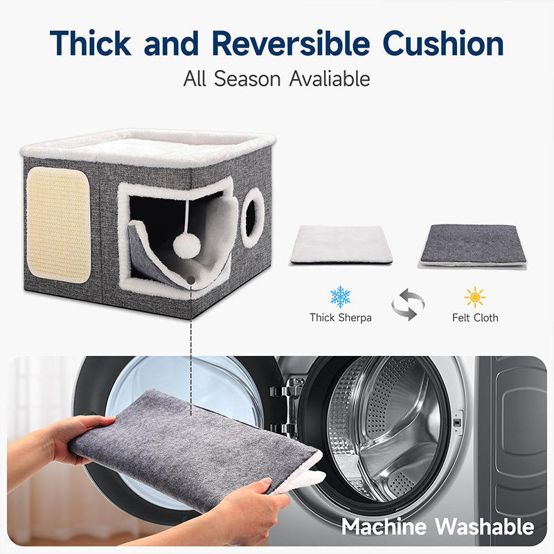 📢📢50% DE RÉDUCTION !! ⏰ Maison Cube Pliable 2-en-1 pour Chat – Design Bi-Niveau & Griffoir Intégré – Confort Toutes Saisons – Gain de Place & Portable 🐾