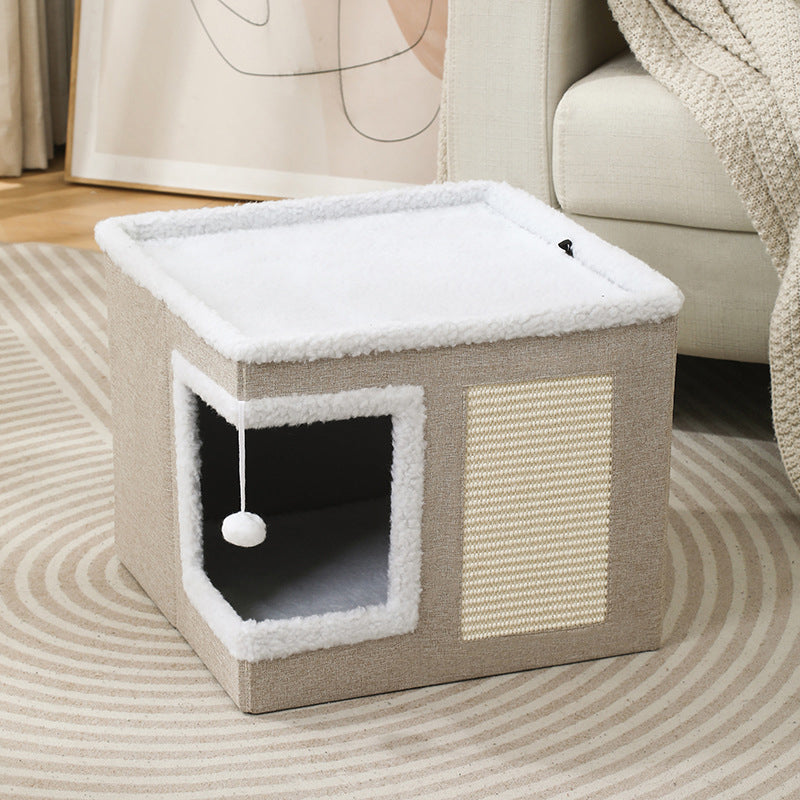 📢📢50% DE RÉDUCTION !! ⏰ Maison Cube Pliable 2-en-1 pour Chat – Design Bi-Niveau & Griffoir Intégré – Confort Toutes Saisons – Gain de Place & Portable 🐾
